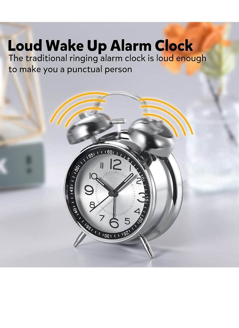 SYOSI - Loud Alarm Clock for Heavy Sleepers Adults, Retro 4 Inch Silent Non-Ticking Quartz with Backlight, Twin Bell Analog Kids Alarm Clocks for Bedrooms Bedside Silver - Image 1