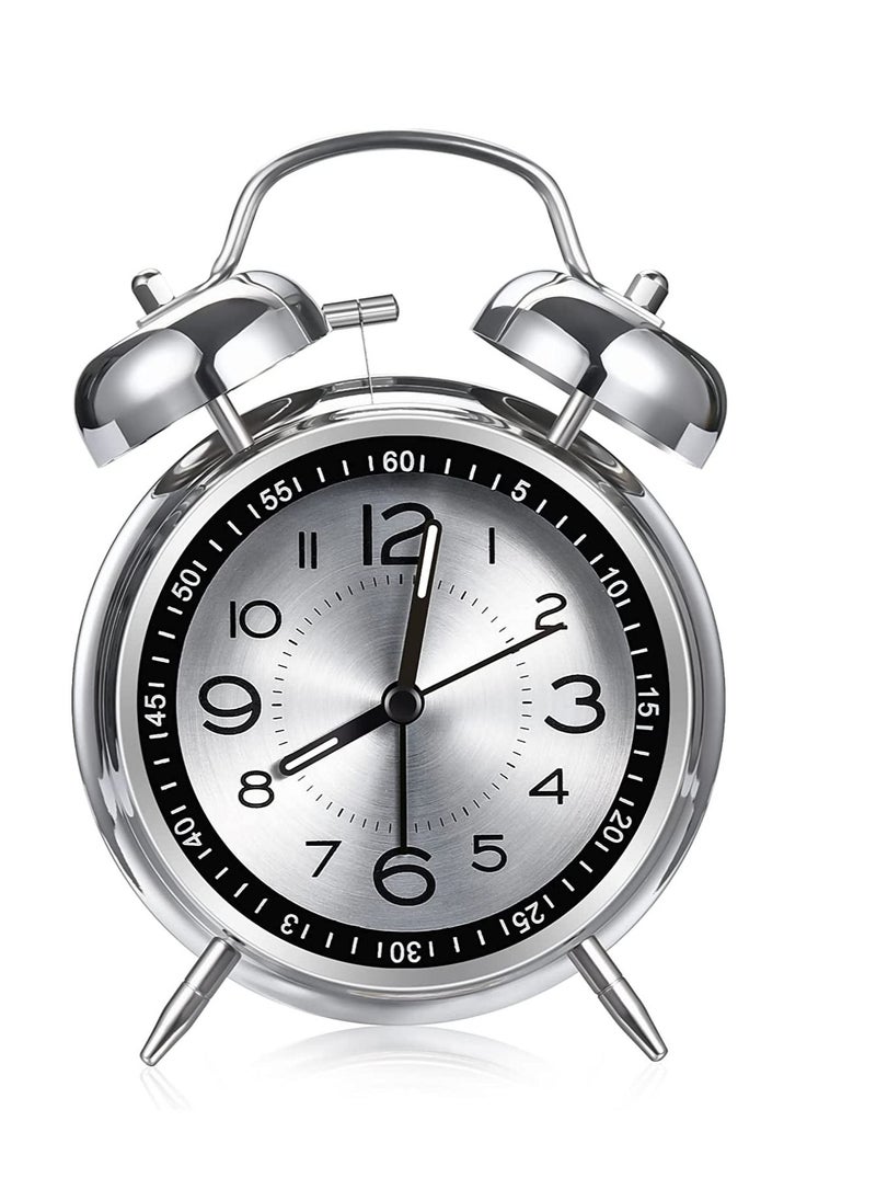 SYOSI - Loud Alarm Clock for Heavy Sleepers Adults, Retro 4 Inch Silent Non-Ticking Quartz with Backlight, Twin Bell Analog Kids Alarm Clocks for Bedrooms Bedside Silver - Image 1