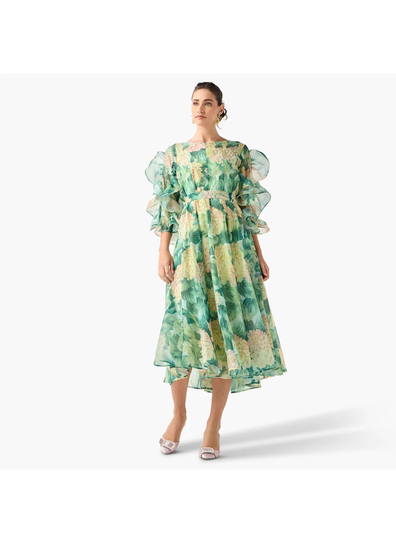 تواكستريمز 2Xtremz Floral Print Midi Dress with Ruffle Sleeves and Tie-Up Belt