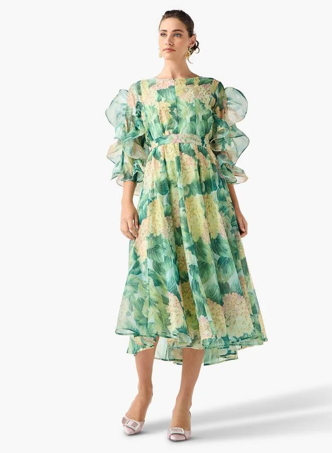 2Xtremz 2Xtremz Floral Print Midi Dress with Ruffle Sleeves and Tie-Up Belt