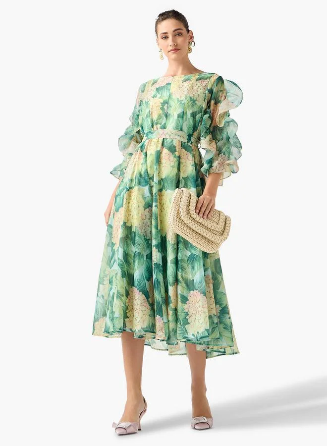 2Xtremz 2Xtremz Floral Print Midi Dress with Ruffle Sleeves and Tie-Up Belt