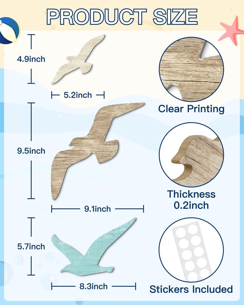 Putuo Decor 3pcs Wood Seagull Wall Decor Wooden Beach Wall Decor Coastal Theme Wall Art Seagull Wall Sculpture Sea Birds Lake House Ocean Decor Vintage Ornaments For Home Bathroom - Image 3