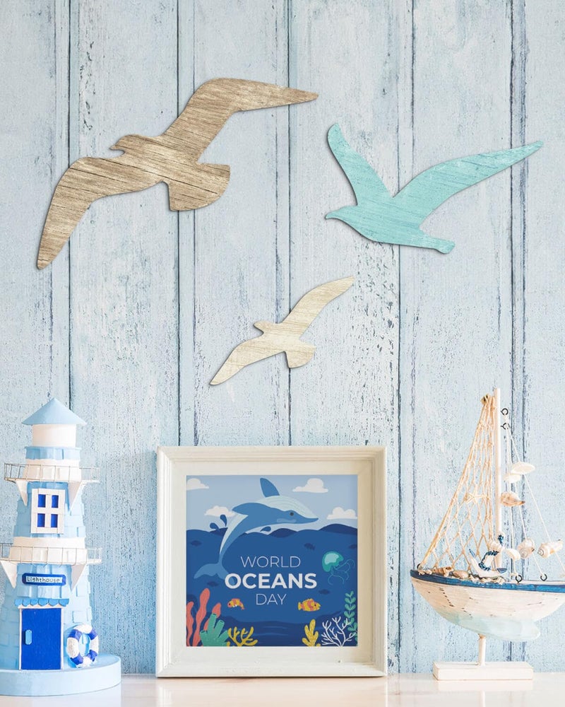 Putuo Decor 3pcs Wood Seagull Wall Decor Wooden Beach Wall Decor Coastal Theme Wall Art Seagull Wall Sculpture Sea Birds Lake House Ocean Decor Vintage Ornaments For Home Bathroom - Image 4