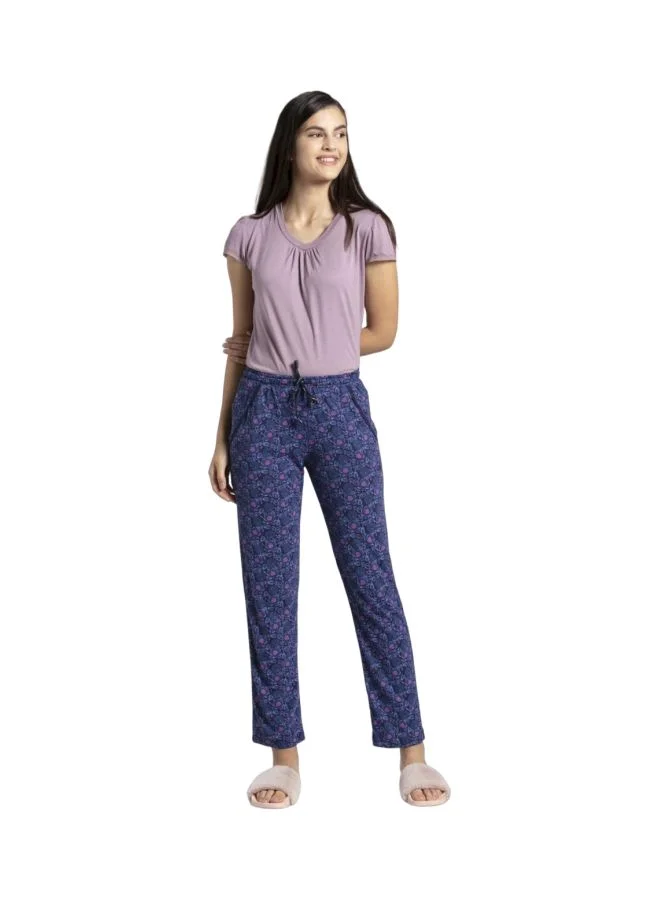 Jockey Classic Navy RX09 Women Micro Modal Cotton Relaxed Fit Printed Pyjama with Lace Trim on Pockets for Women | Best Price UAE