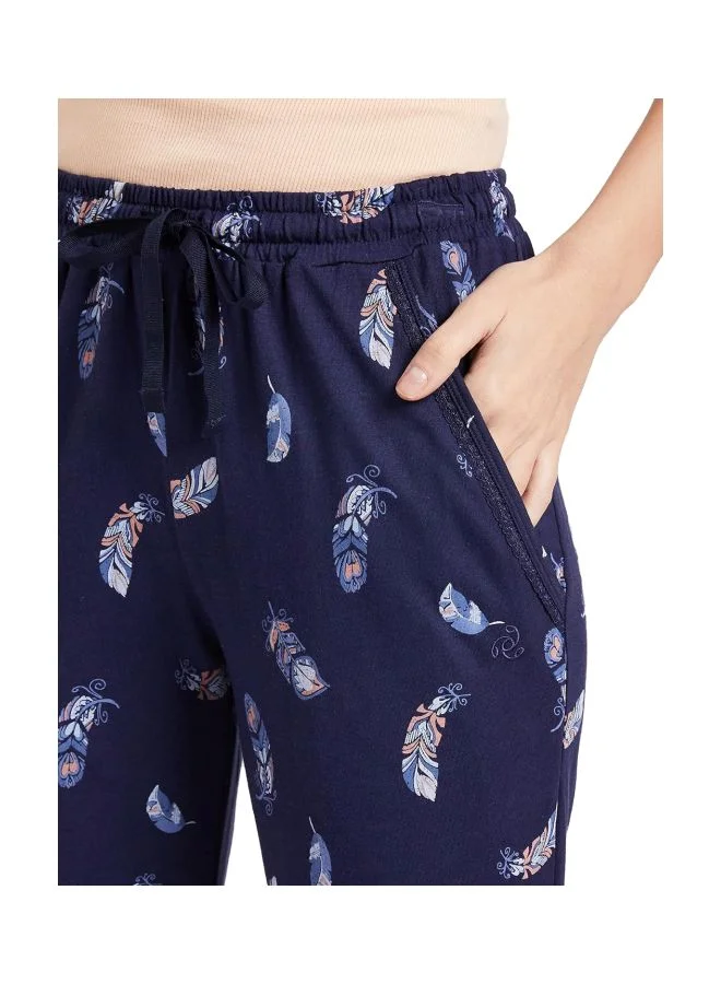 Jockey Classic Navy RX09 Women Micro Modal Cotton Relaxed Fit Printed Pyjama with Lace Trim on Pockets for Women | Best Price UAE