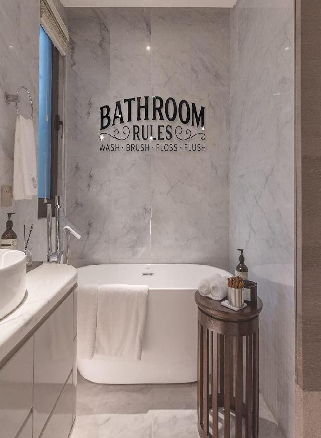 SNOMEL 3D Acrylic Mirror Bathroom Wall Sticker, Bathroom Rules Wash Brush Floss Flush Mirror Wall Decals, Removable Lettering Mural Art Decor for Restroom Toilet Washroom (Black) - Image 1