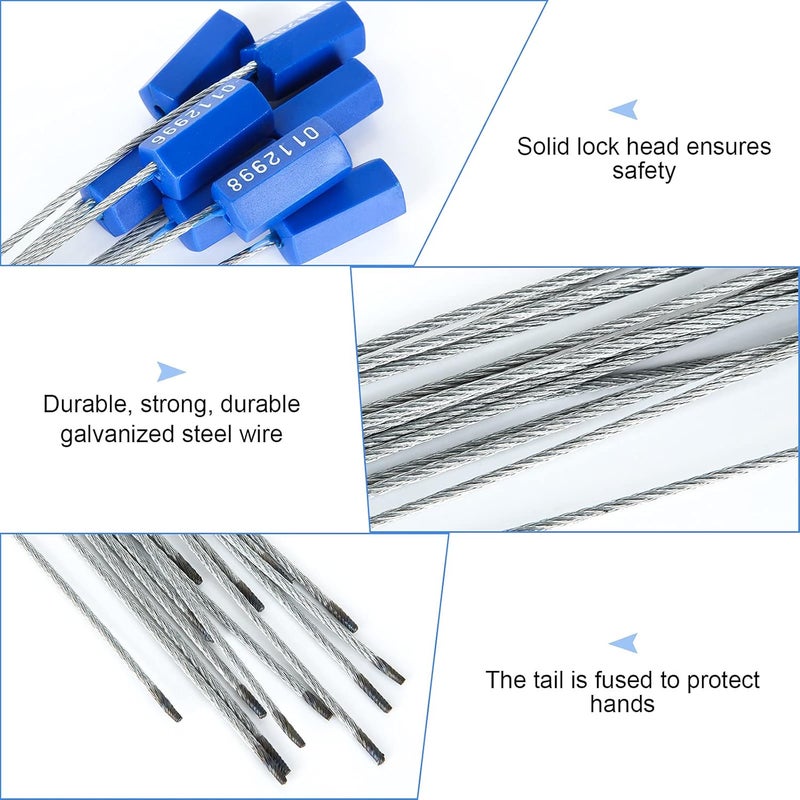 APACALI 100PCS Security Cable Seals, Numbered Tamper Proof Tags, Blue Steel Pull-Tite, Metal Self-Locking Cable, 11.8"300mm - Image 3