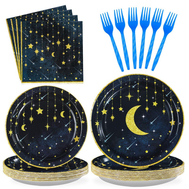 Grencian Gold Star Moon Party Supplies - 96Pcs Moon and Stars Party Supplies Plates and Napkins Navy Blue Celestial Hanging Crescent Disposable Tableware for Celestial Birthday Decorations Serve 24 - Image 1