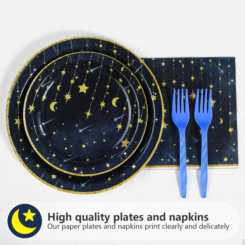 Grencian Gold Star Moon Party Supplies - 96Pcs Moon and Stars Party Supplies Plates and Napkins Navy Blue Celestial Hanging Crescent Disposable Tableware for Celestial Birthday Decorations Serve 24 - Image 3