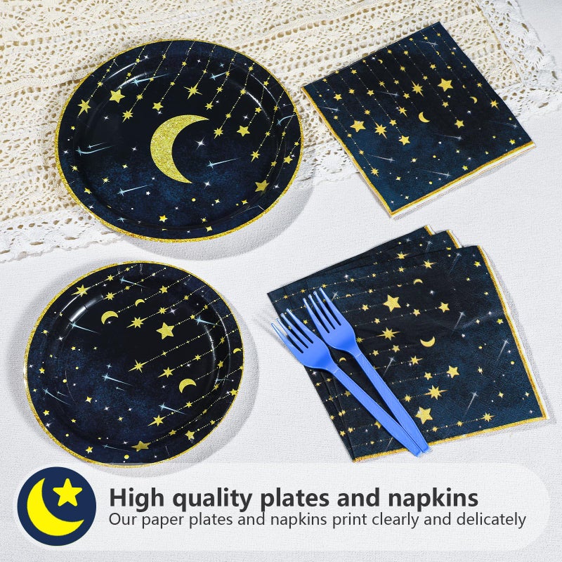 Grencian Gold Star Moon Party Supplies - 96Pcs Moon and Stars Party Supplies Plates and Napkins Navy Blue Celestial Hanging Crescent Disposable Tableware for Celestial Birthday Decorations Serve 24 - Image 4