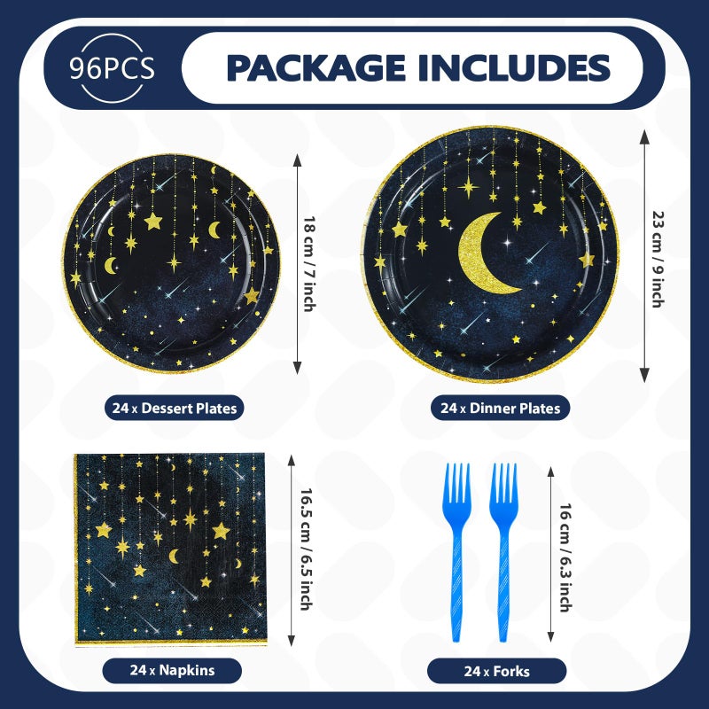 Grencian Gold Star Moon Party Supplies - 96Pcs Moon and Stars Party Supplies Plates and Napkins Navy Blue Celestial Hanging Crescent Disposable Tableware for Celestial Birthday Decorations Serve 24 - Image 2