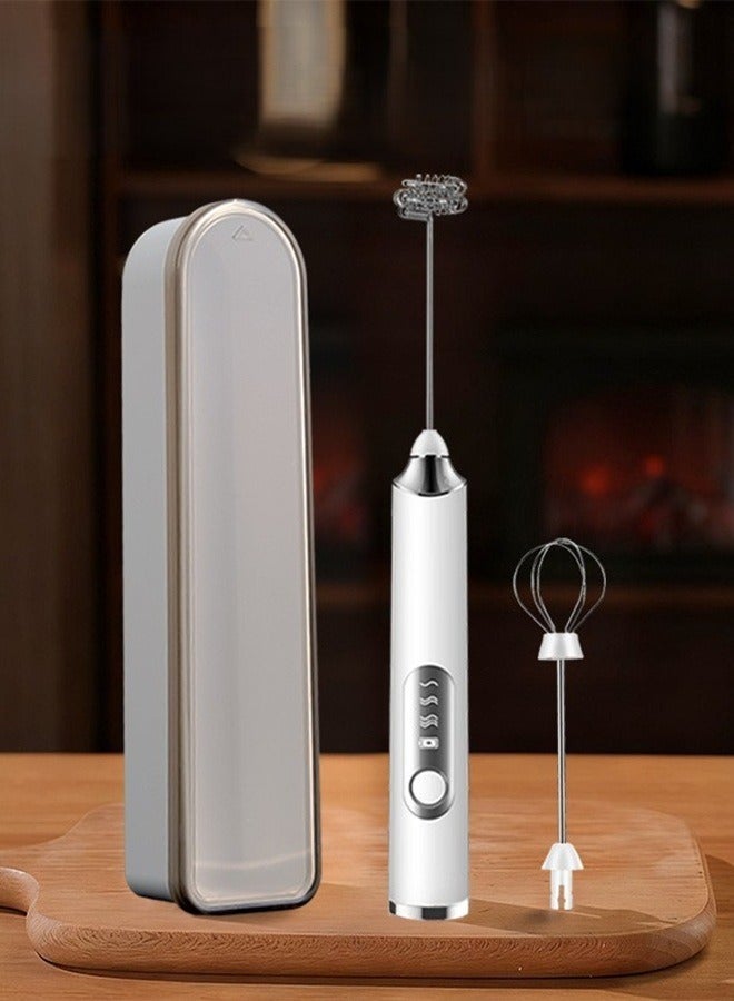 DOLOLO Handheld Electric Milk Frother with 2 Heads, Coffee Whisk Foam Mixer with USB Rechargeable 3 Speeds, Foam Maker Blender for Latte, Cappuccino, Hot Chocolate, Egg(White with Box) - Image 1