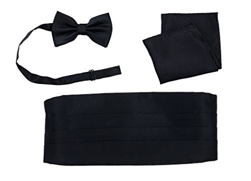 Salutto Tuxedos Girdle Cummerbund Bow Tie Pocket Square Handkerchief Set Formal Solid Color Black - Image 1