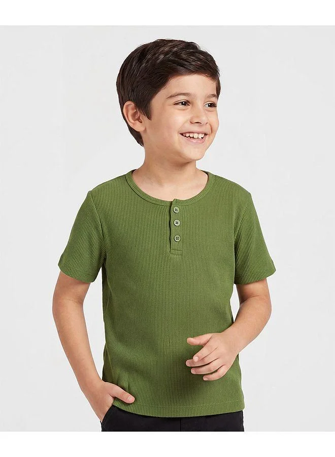 Pine Kids Pine Kids Cotton Knit Half Sleeves Solid Textured T-Shirt - Green