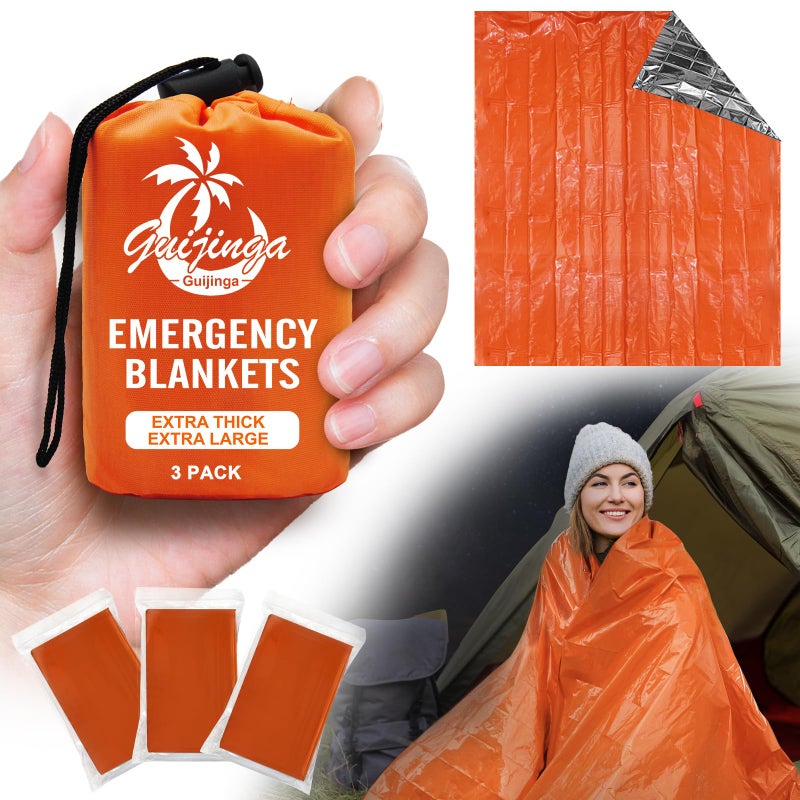 Guijinga 3-Pack Emergency Blanket, Extra-Thick Extra-Large Survival Blanket, Thermal Reflective Emergency Thermal Blanket for Outdoor Adventures, for Camping, Hiking, and Car Emergencies - Image 1
