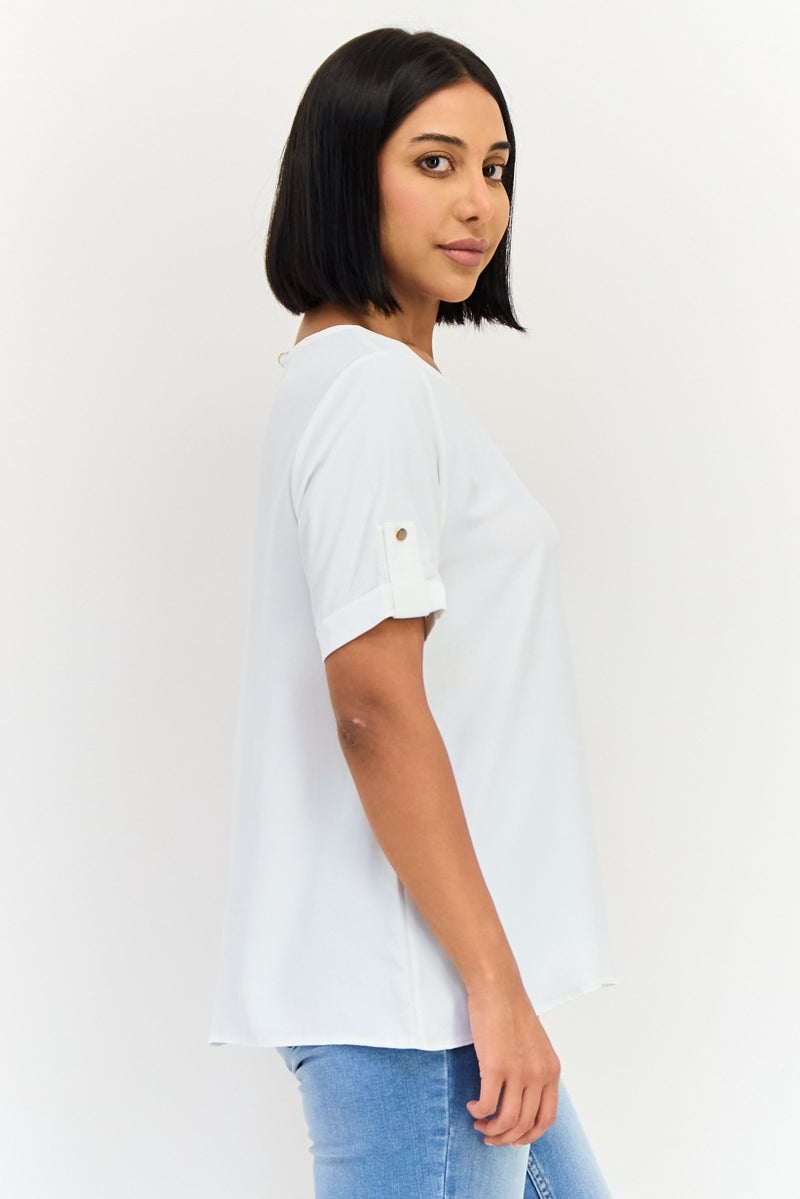 Threadbare Women Round Neck Short Sleeve Plain Blouse, White - Image 2