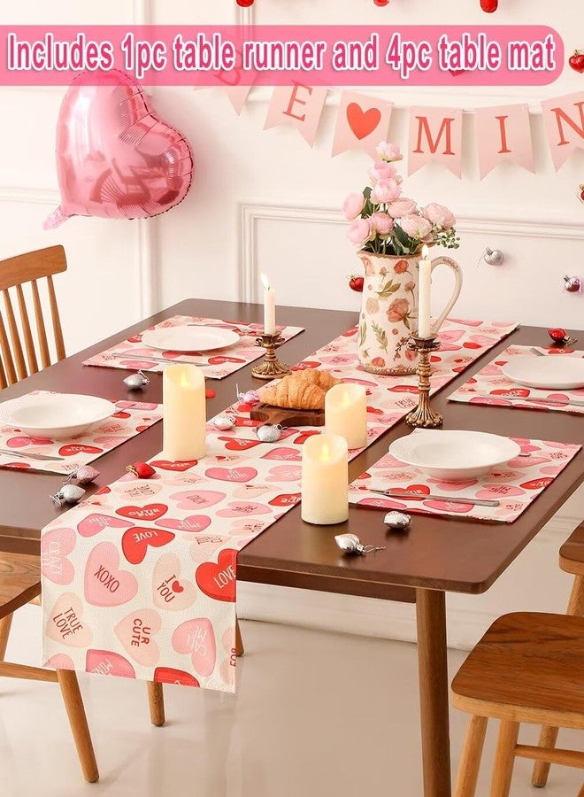 Multiwins Pink Ture Love Heart Valentine's Day Table Runner 13"x72" & 4 Pcs 12"x18" Placemats Sets with 12 Heart Balloons, Love Letter Balloons, Stickers & Blowing Straw for Home Party Decor - Image 3