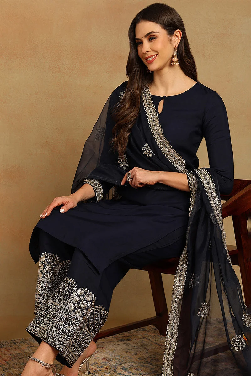 Navy Blue Silk Blend Solid Embroidered Straight Kurta Set