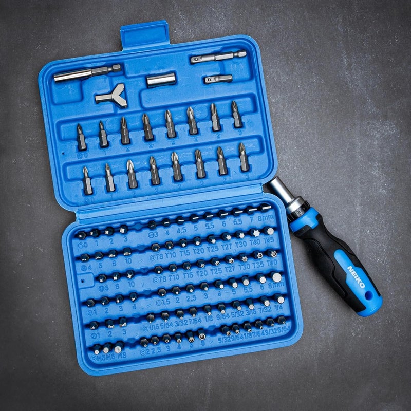 NEIKO 10082A Security Bit Set and Ratcheting Screwdriver | 101 Piece Set | Chrome Vanadium Steel | Screwdriver Bit Set Phillips, Tamperproof Torx Bits, & Flat | 1/4" Hex Shank Magnetic Bit Holder - Image 4