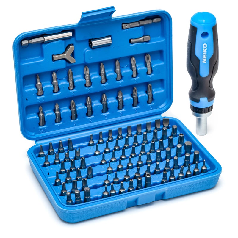 NEIKO 10082A Security Bit Set and Ratcheting Screwdriver | 101 Piece Set | Chrome Vanadium Steel | Screwdriver Bit Set Phillips, Tamperproof Torx Bits, & Flat | 1/4" Hex Shank Magnetic Bit Holder - Image 1