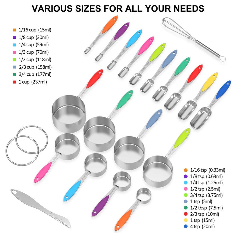 Wildone Measuring Cups and Spoons - Wildone Stainless Steel 20 Piece Stackable Set, Includes 8 Measuring Cups, 10 Measuring Spoons, 1 Leveler & 1 Whisk, for Dry and Liquid Ingredient - Image 2