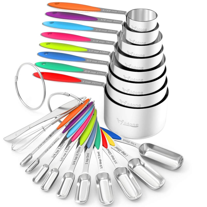 Wildone Measuring Cups and Spoons - Wildone Stainless Steel 20 Piece Stackable Set, Includes 8 Measuring Cups, 10 Measuring Spoons, 1 Leveler & 1 Whisk, for Dry and Liquid Ingredient - Image 1