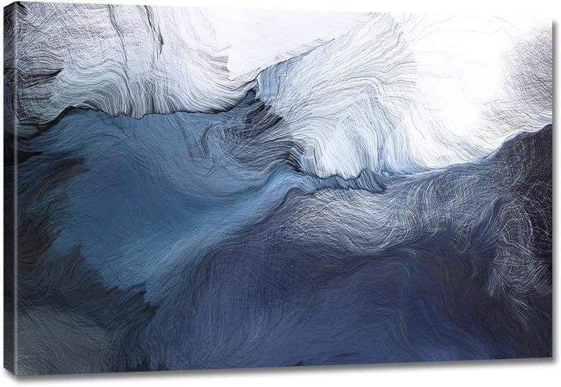 gaosoul Canvas Wall Art Abstract Art Paintings Navy Blue Block and Line Graffiti is Like Running Water on White Background Modern Artwork Decor for Living Room Bedroom Kitchen 24x16in - Image 1