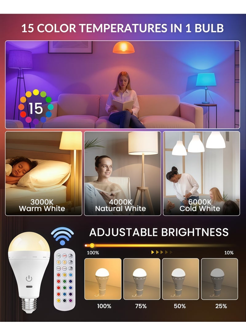 Lurette 2 Pack E26 Rechargeable LED Bulbs, 15 Colors(Include 3 Color Temperatures with Dimming, 12 RGB Color Effects), Timer Shut-Off (Includes Remote Control) - Image 3