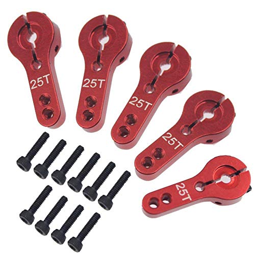 Share Goo ShareGoo 5PCS Aluminum 25T Servo Horn M3 Threads 25T Steering Arm Compatible with Futaba Savox Xcore HSP TowerPro MG Servo RC Car Truck Buggy Airplane,Red - Image 1
