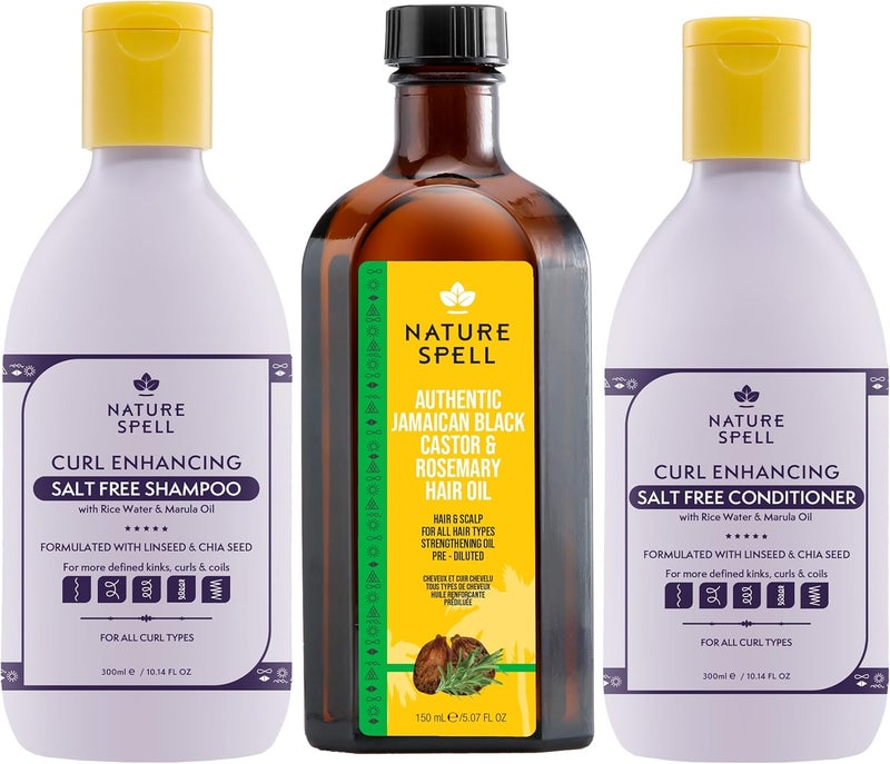 Nature Spell Jamaican Castor and Rosemary blend oil for hair growth with Shampoo and Conditioner set for All Types of Curls defines and repairs sulphate free vegan Pack of 3