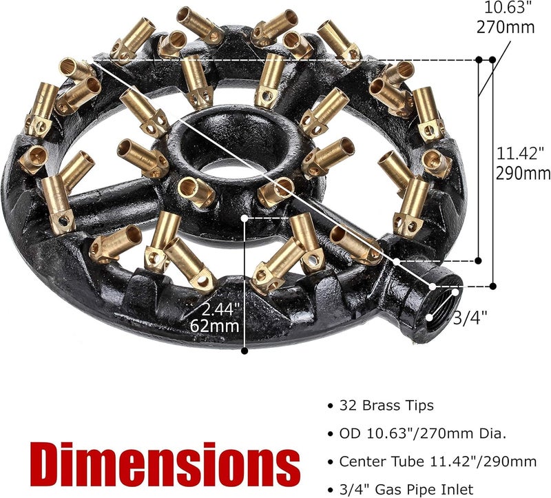 DuraSteel Propane Jet Burners For Chinese Wok Range - Cast Iron Body Round Nozzle 32 Brass Tips Large Propane Burner Head - Up to 100,000 BTU - Outdoor Wok Burner Indoor Restaurant Kitchen, Camping - Image 2