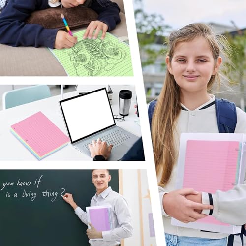 Koogel Wide Ruled Loose Leaf Paper, 8 x 10.5 Inch Filler Notebook Lined Paper, 5 Color, 3 Hole Punch Lined Writing Notebook for 3 Ring Binders for College Essentials School Office Supplies, 300 Sheets - Image 3