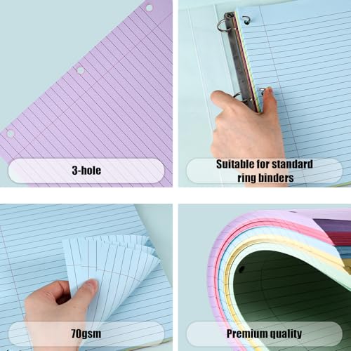 Koogel Wide Ruled Loose Leaf Paper, 8 x 10.5 Inch Filler Notebook Lined Paper, 5 Color, 3 Hole Punch Lined Writing Notebook for 3 Ring Binders for College Essentials School Office Supplies, 300 Sheets - Image 4