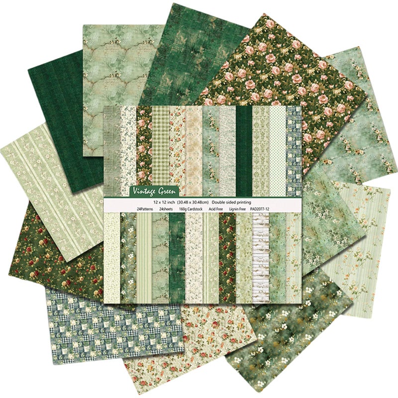 Colabrili 12x12 Scrapbook Paper, 24 Sheets/24 Designs Vintage Green Scrapbook Paper Set, Double-Sided Garden Pattern Floral Decorative Craft Paper For DIY Card Making Photo Album Journal Decor - Image 1