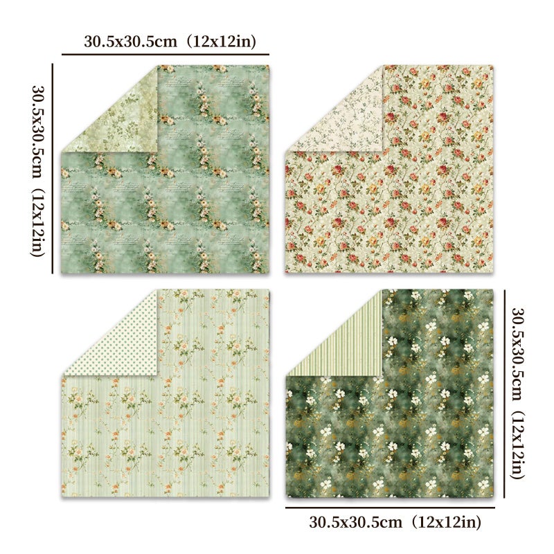 Colabrili 12x12 Scrapbook Paper, 24 Sheets/24 Designs Vintage Green Scrapbook Paper Set, Double-Sided Garden Pattern Floral Decorative Craft Paper For DIY Card Making Photo Album Journal Decor - Image 2