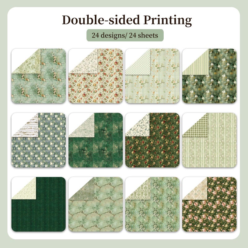 Colabrili 12x12 Scrapbook Paper, 24 Sheets/24 Designs Vintage Green Scrapbook Paper Set, Double-Sided Garden Pattern Floral Decorative Craft Paper For DIY Card Making Photo Album Journal Decor - Image 3