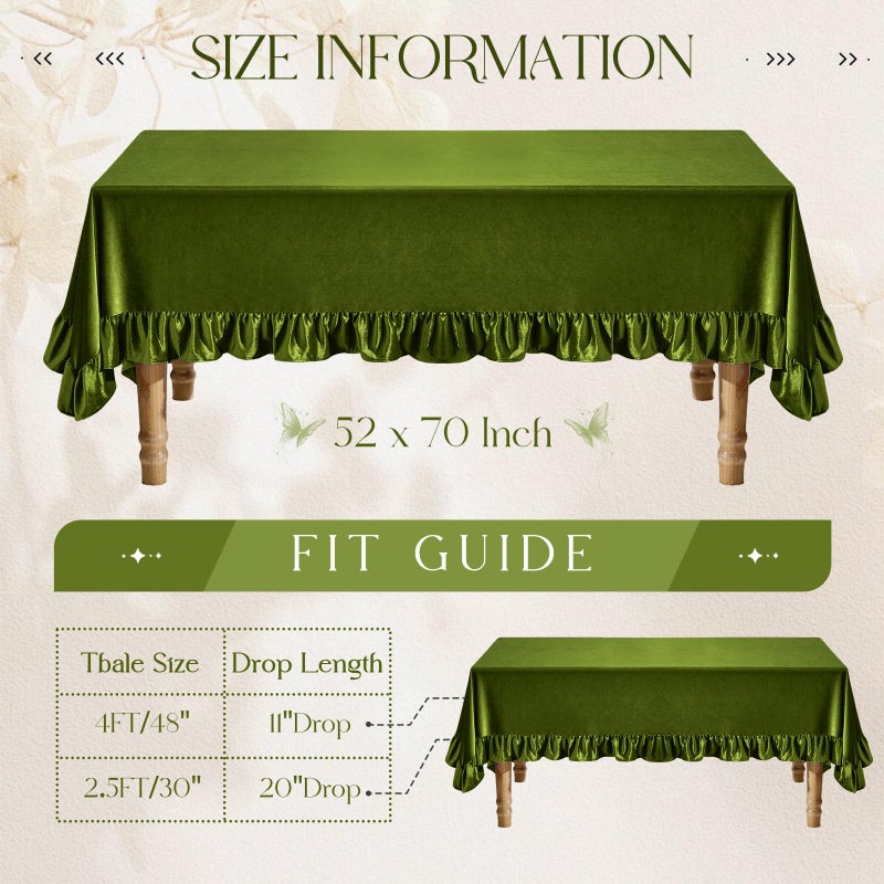 KKJIAF Olive Green Velvet Tablecloth 52 x 70 Inch, Retro Farmhouse Ruffle Oblong Tablecloth Washable Table Cover for Wedding Buffet Parties Baby Shower Kitchen Decoration - Image 2