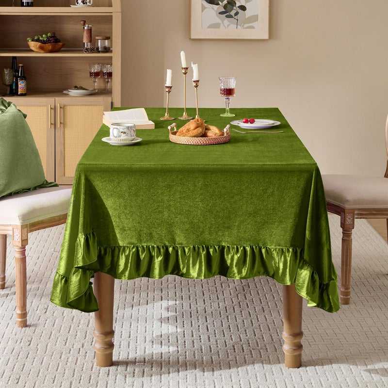 KKJIAF Olive Green Velvet Tablecloth 52 x 70 Inch, Retro Farmhouse Ruffle Oblong Tablecloth Washable Table Cover for Wedding Buffet Parties Baby Shower Kitchen Decoration - Image 5