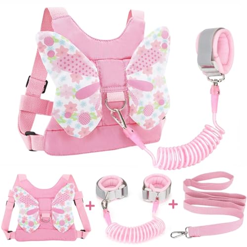 Ahamo 3-in-1 Baby Walking Supporter with Reflective Strap & Lock Key, Anti Lost Wrist Band for Kids | Breathable Safety Belt for Bike Scooty Toddler Harness, Child Safety Products for Outdoor Travel (Pink Butterfly, 1.5m) - Image 1