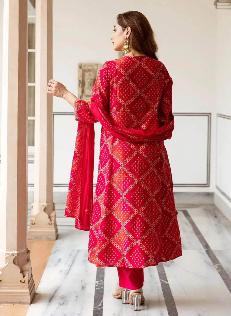 آي شين Women's Red Modal Muslin Printed Tunic Full Length Casual Straight Fit Kurta Set