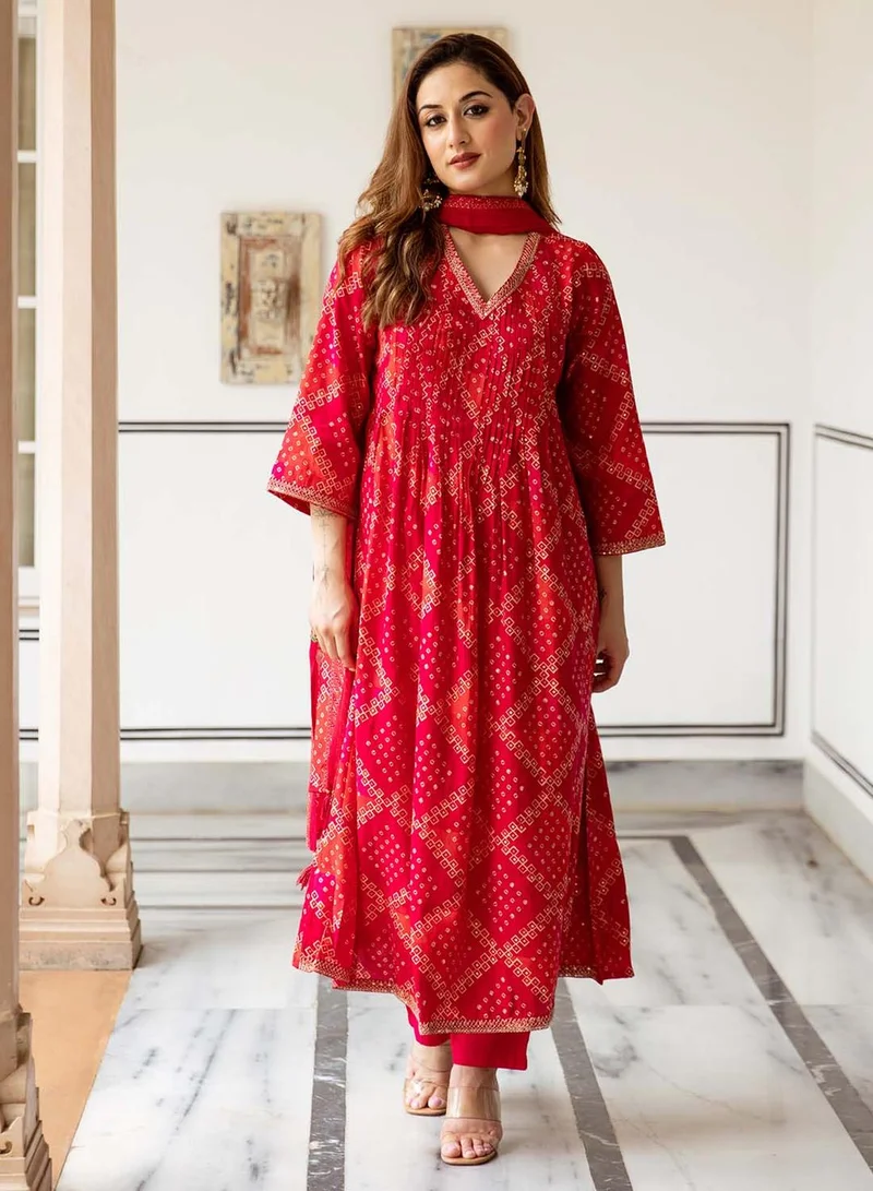 آي شين Women's Red Modal Muslin Printed Tunic Full Length Casual Straight Fit Kurta Set