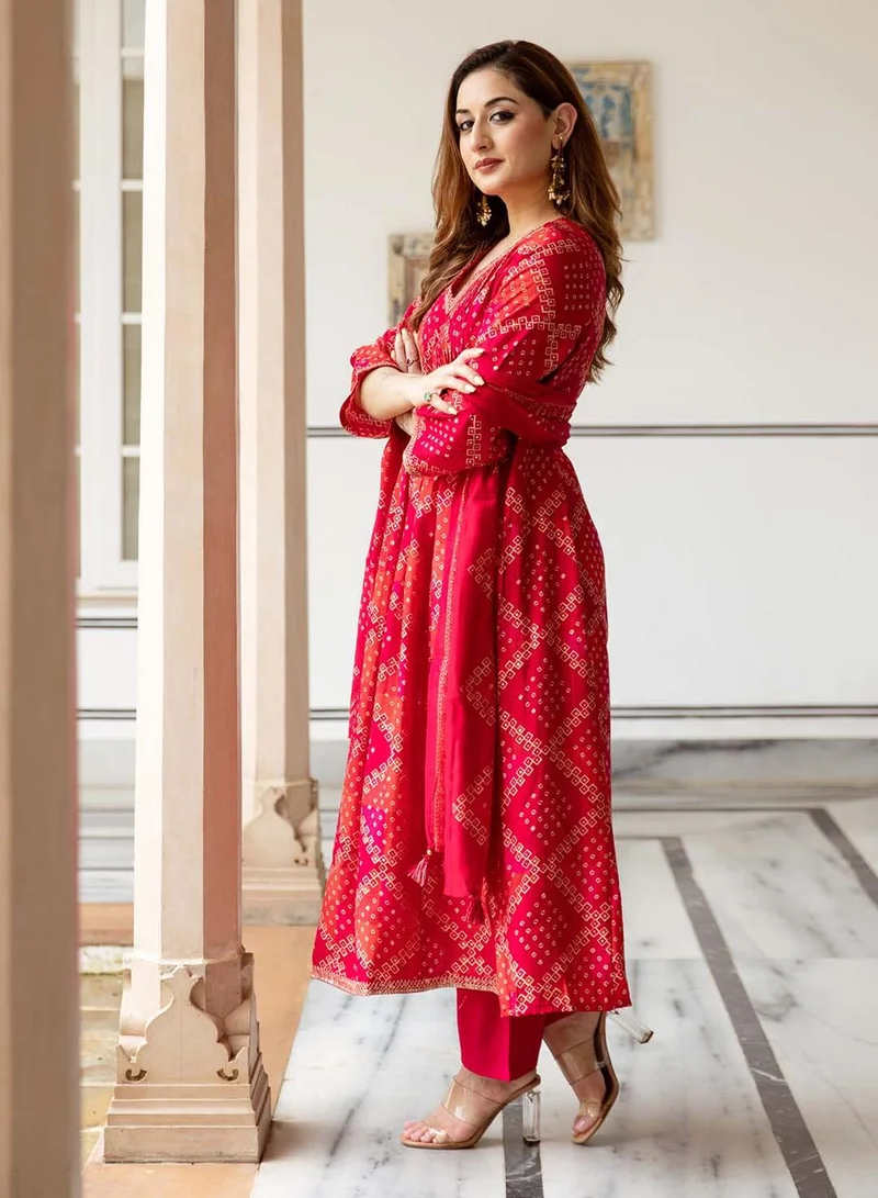 آي شين Women's Red Modal Muslin Printed Tunic Full Length Casual Straight Fit Kurta Set