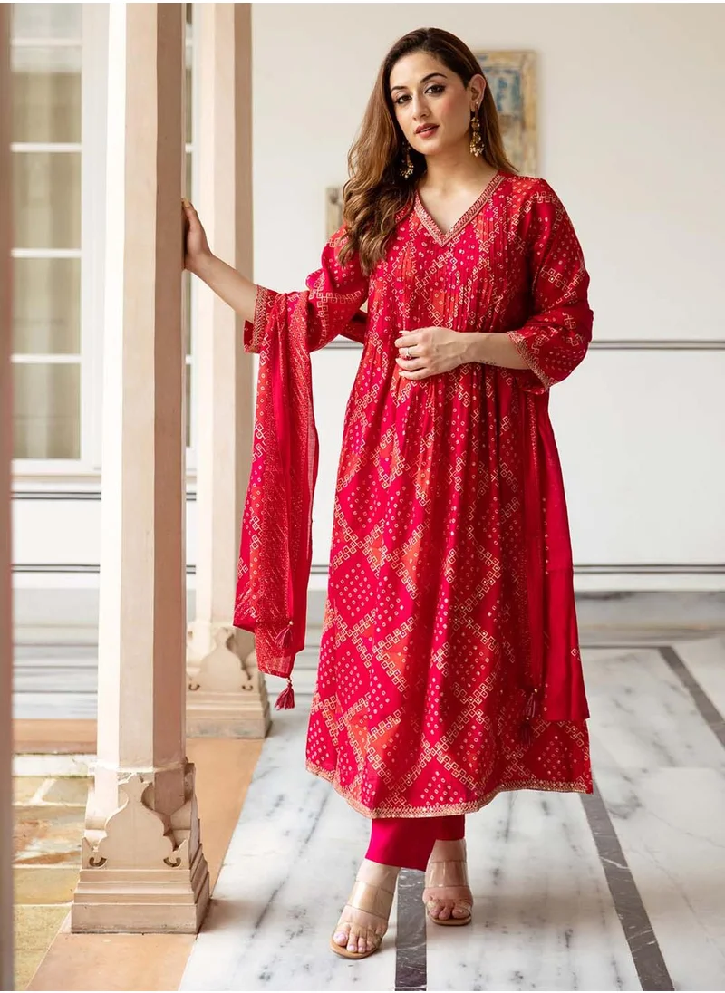 آي شين Women's Red Modal Muslin Printed Tunic Full Length Casual Straight Fit Kurta Set
