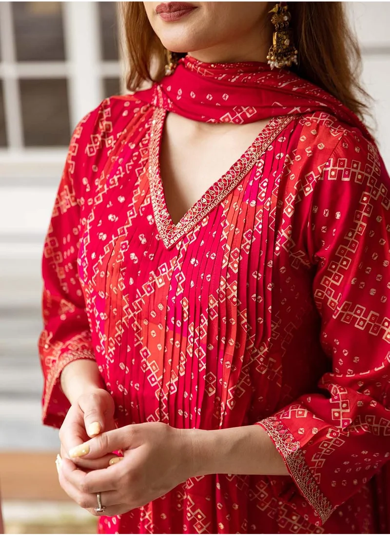 آي شين Women's Red Modal Muslin Printed Tunic Full Length Casual Straight Fit Kurta Set