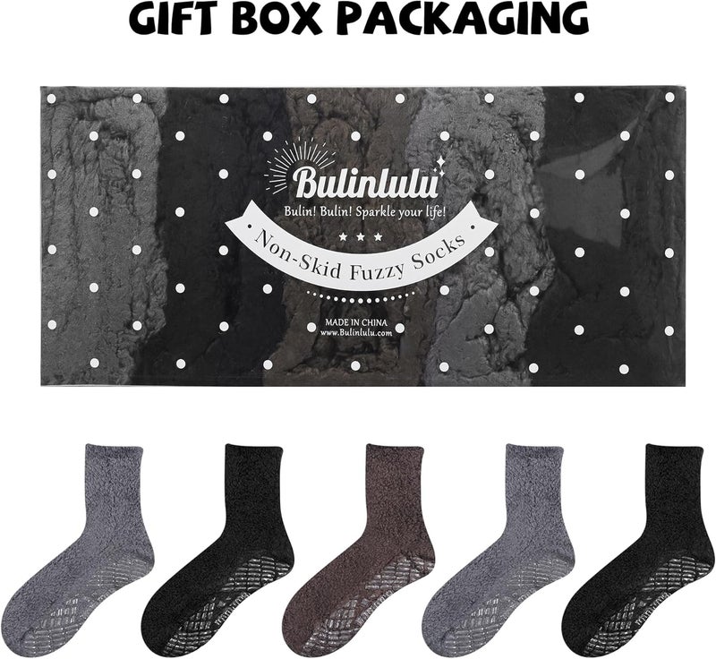Bulinlulu Fuzzy Socks with Grips for Women 5-Pairs Non Slip Sleep Warm Fluffy Slipper Socks with Grippers for Women - Image 2