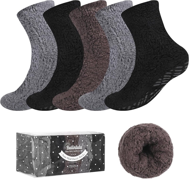Bulinlulu Fuzzy Socks with Grips for Women 5-Pairs Non Slip Sleep Warm Fluffy Slipper Socks with Grippers for Women - Image 1