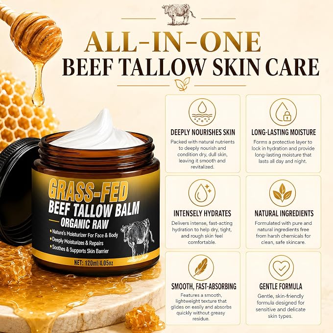 Erigathe Tallow and Honey Balm 120g, Grass Fed Beef Tallow Cream, Natural Moisturizer for Face & Body, Fast Absorbing Deep Hydration for Dry Skin - Image 2