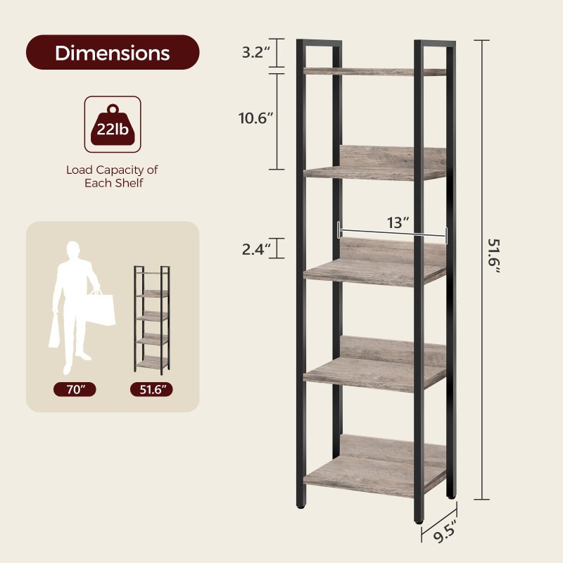 MAHANCRIS 5-Tier Bookshelf, Bookcase, Shelves Organizer for Small Spaces, Storage Shelf Organizer, for Living Room, Bedroom, Study, Balcony, Greige and Black BKHG5501 - Image 3
