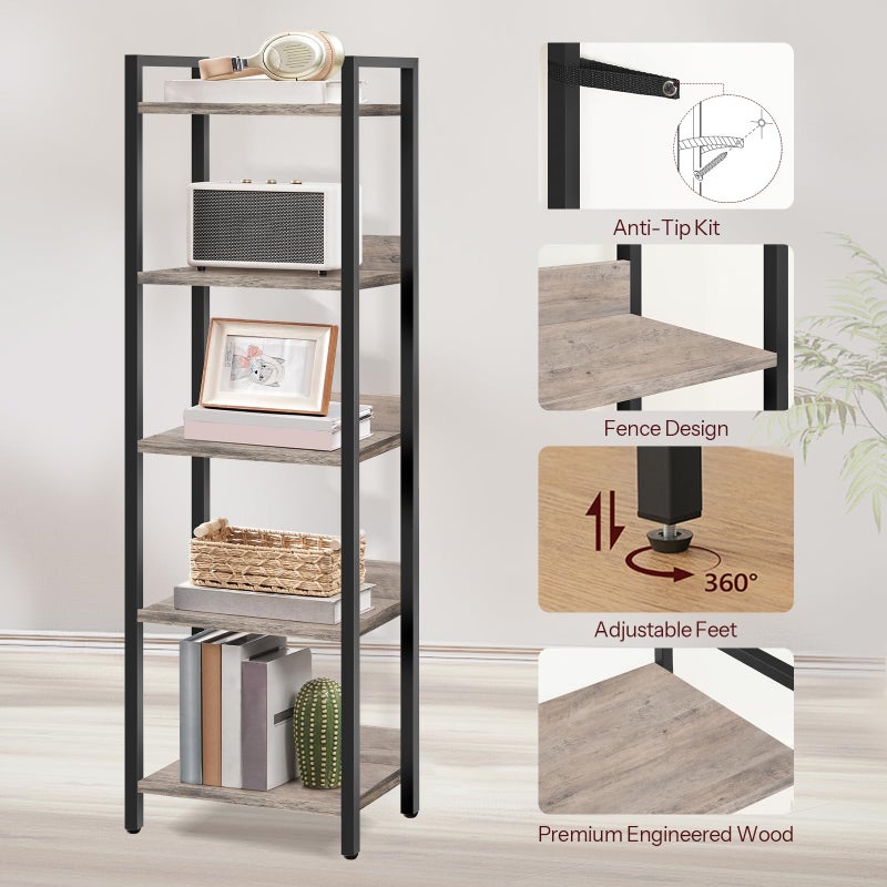 MAHANCRIS 5-Tier Bookshelf, Bookcase, Shelves Organizer for Small Spaces, Storage Shelf Organizer, for Living Room, Bedroom, Study, Balcony, Greige and Black BKHG5501 - Image 4