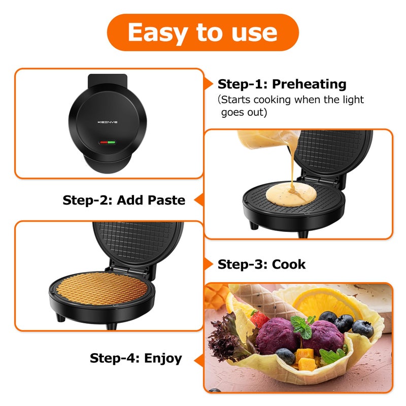 KEINVE Waffle Cone Maker, 750W Thin Waffle Maker (Ice Cream Cone) with Shaper Roller, 7.08" Nonstick Plate - Image 5